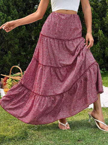 Essnce Spring/Summer Floral Print Layered Skirt Vacation Style Women Half Skirt