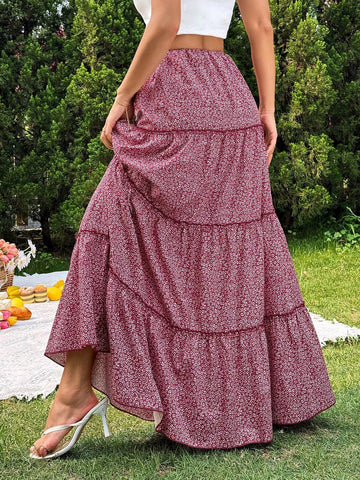 Essnce Spring/Summer Floral Print Layered Skirt Vacation Style Women Half Skirt