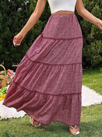 Essnce Spring/Summer Floral Print Layered Skirt Vacation Style Women Half Skirt