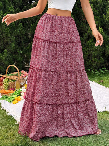 Essnce Spring/Summer Floral Print Layered Skirt Vacation Style Women Half Skirt