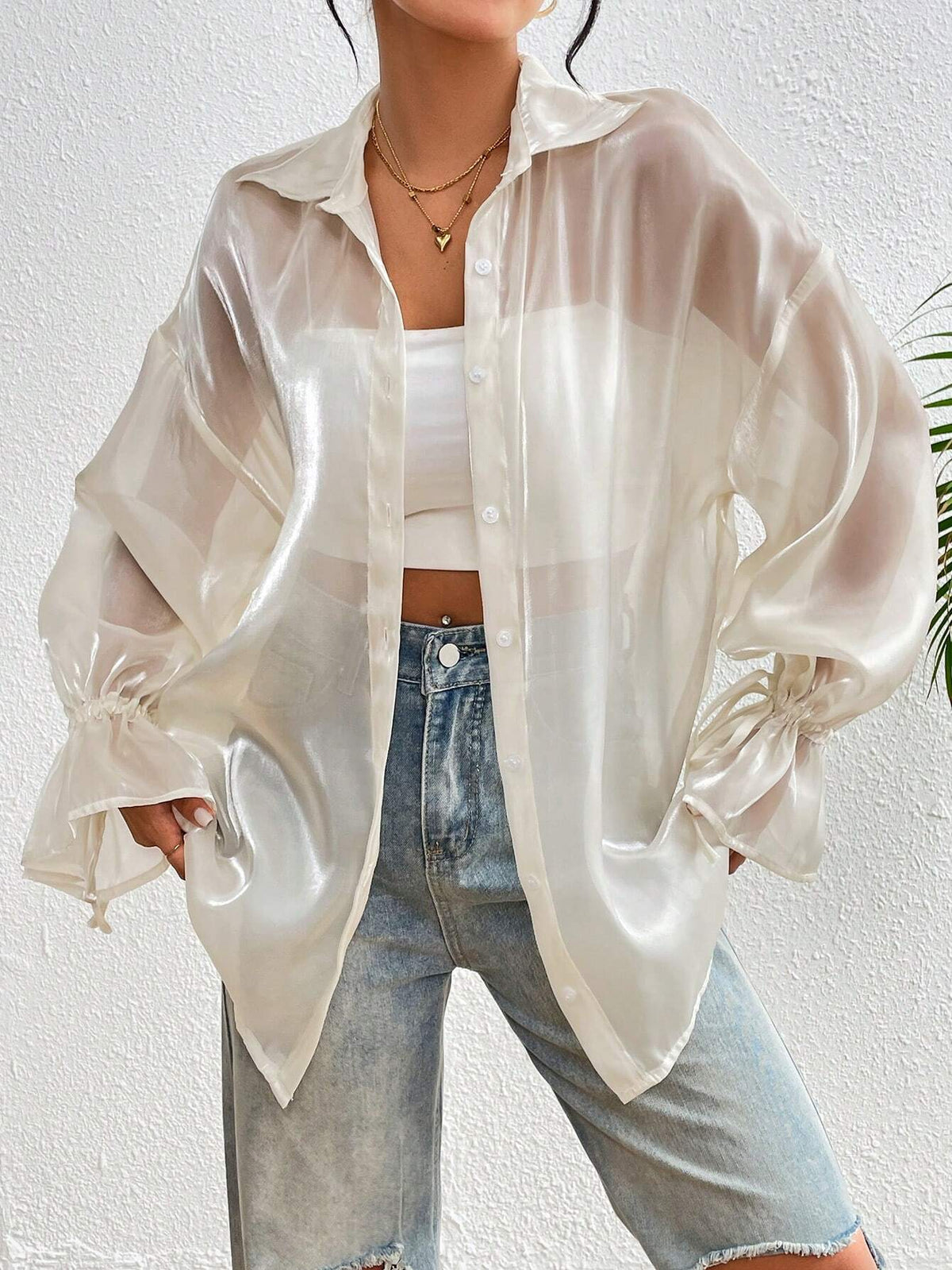Essnce Spring/Summer Glitter Sheer Sun Protection Loose-Fit Women Shirt