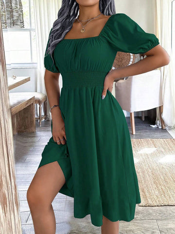 Spring/Summer Green Square Neckline Puff Sleeve Waist Cinched Women's Dress