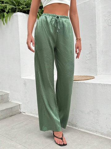 Essnce Spring/Summer Satin Animal Print Green Leopard Print Trousers For Women