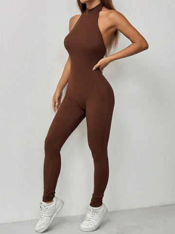 Spring/Summer Sleeveless Halter Neck Backless Women's Athletic Casual Jumpsuit Unitard