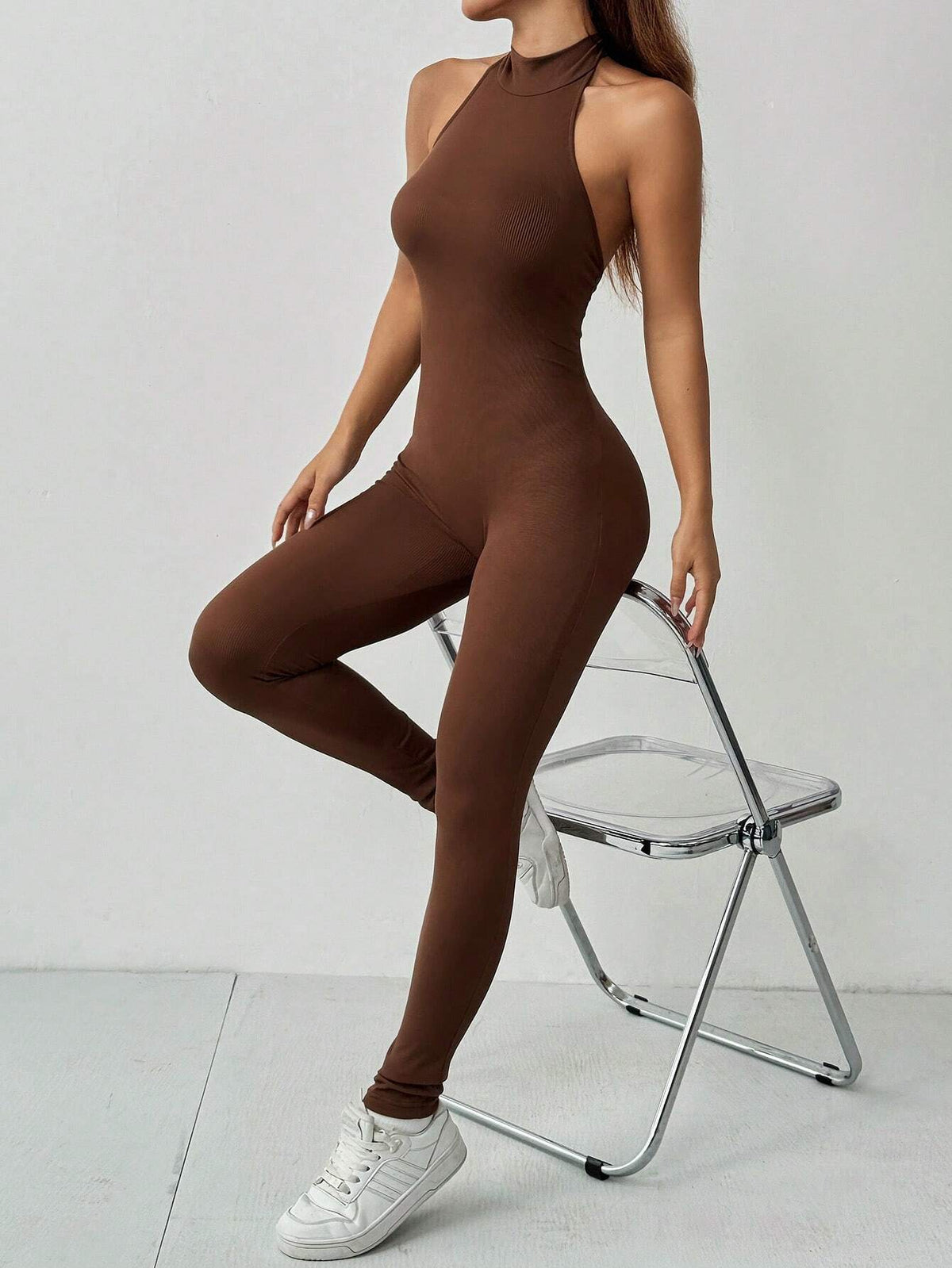 Spring/Summer Sleeveless Halter Neck Backless Women's Athletic Casual Jumpsuit Unitard