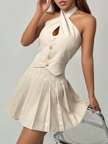Spring/Summer Women Linen Pure Cotton Hollow Out Halter Vest + Pleated Skirt 2pcs/Set