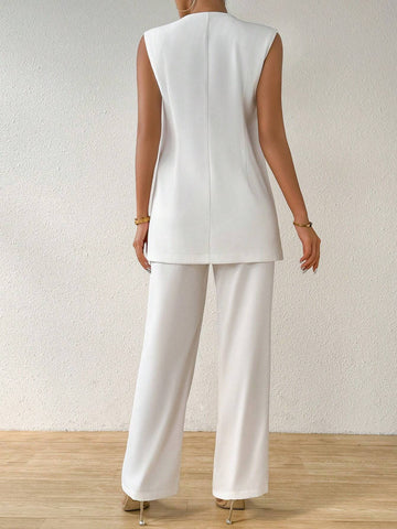 Spring And Summer Leisure Solid Color Split-Vest Pleated Wide Leg Pants Set
