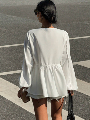 Essnce Spring Women's Solid Color Deep V-Neck Lantern Sleeve Shirt White Vacation Outfits Woman