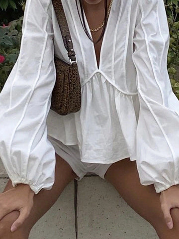 Essnce Spring Women's Solid Color Deep V-Neck Lantern Sleeve Shirt White Vacation Outfits Woman