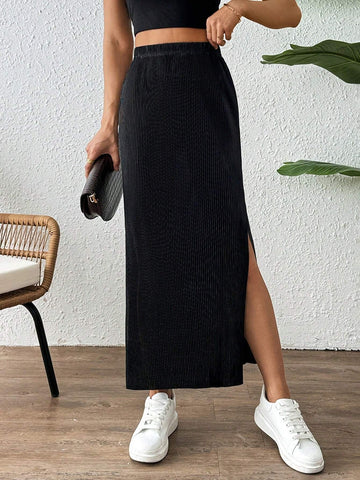 Essnce Straight Cut Pleated Midi Skirt With Slits On Both Sides