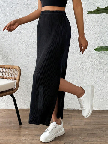 Essnce Straight Cut Pleated Midi Skirt With Slits On Both Sides