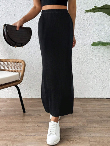 Essnce Straight Cut Pleated Midi Skirt With Slits On Both Sides