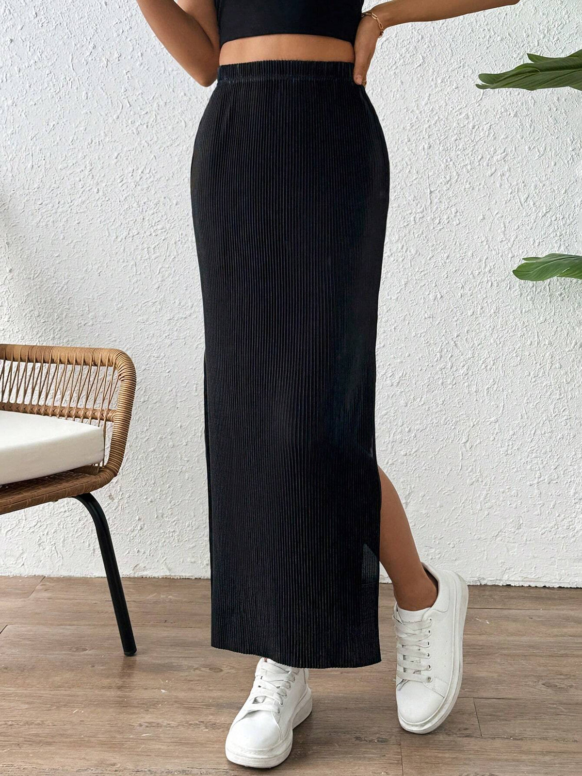 Essnce Straight Cut Pleated Midi Skirt With Slits On Both Sides