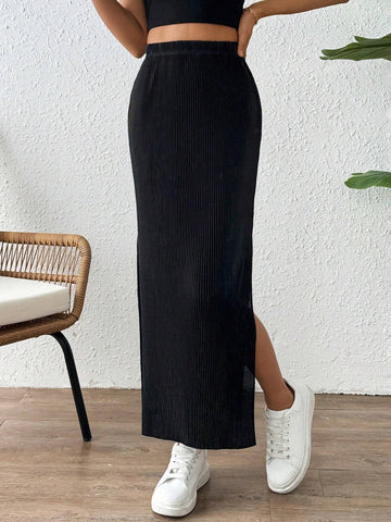 Essnce Straight Cut Pleated Midi Skirt With Slits On Both Sides
