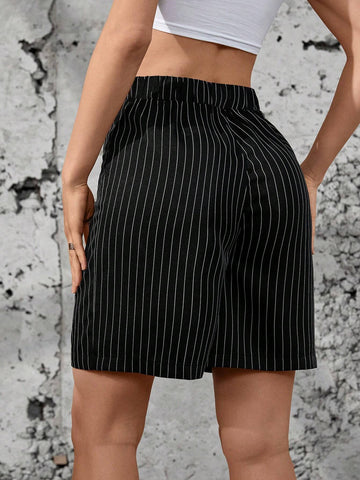 Essnce Street Style Casual Striped Elastic Waist Shorts
