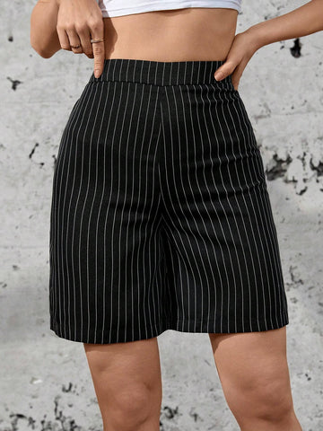 Essnce Street Style Casual Striped Elastic Waist Shorts