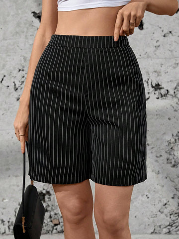 Essnce Street Style Casual Striped Elastic Waist Shorts