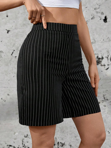 Essnce Street Style Casual Striped Elastic Waist Shorts