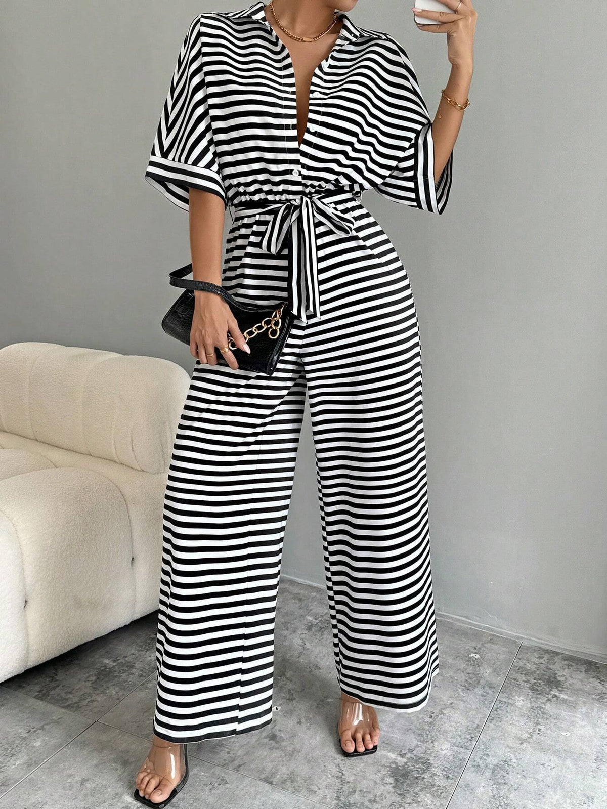 Striped And Printed Tie Waist Batwing Sleeve Jumpsuit For Women