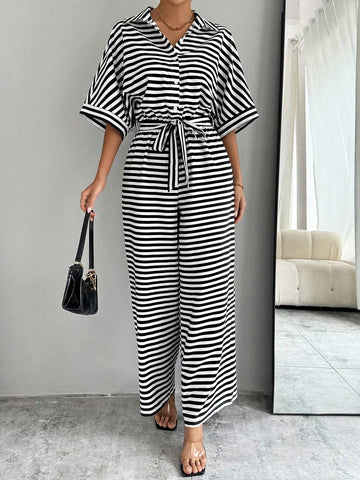 Striped And Printed Tie Waist Batwing Sleeve Jumpsuit For Women