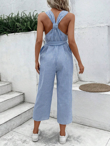 Striped Print Belted Halter Jumpsuit For Summer Vacation