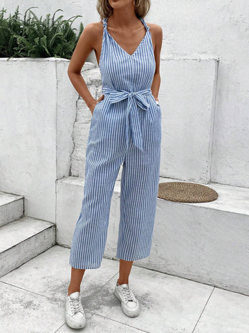 Striped Print Belted Halter Jumpsuit For Summer Vacation