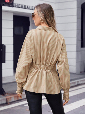 Striped Print Button Front Bishop Sleeve Shirt