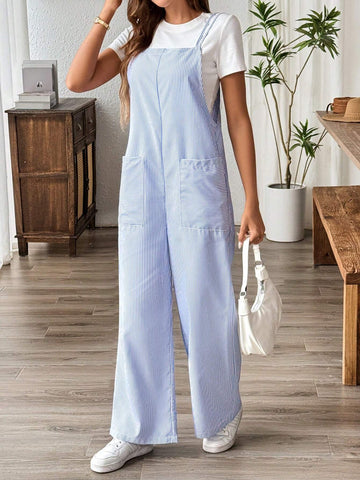 Striped Print Dual Pocket Jumpsuit Without Tee For Summer