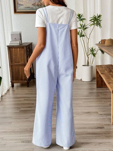 Striped Print Dual Pocket Jumpsuit Without Tee For Summer