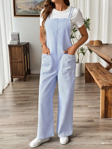 Striped Print Dual Pocket Jumpsuit Without Tee For Summer