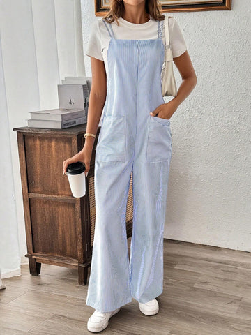 Striped Print Dual Pocket Jumpsuit Without Tee For Summer