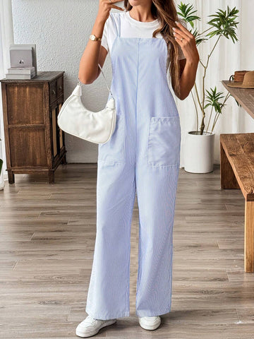 Striped Print Dual Pocket Jumpsuit Without Tee For Summer