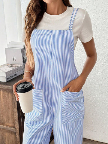 Striped Print Dual Pocket Jumpsuit Without Tee For Summer