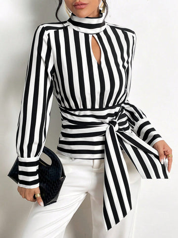 Striped Print Keyhole Neckline Knot Front Blouse