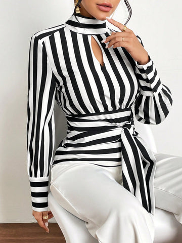 Striped Print Keyhole Neckline Knot Front Blouse