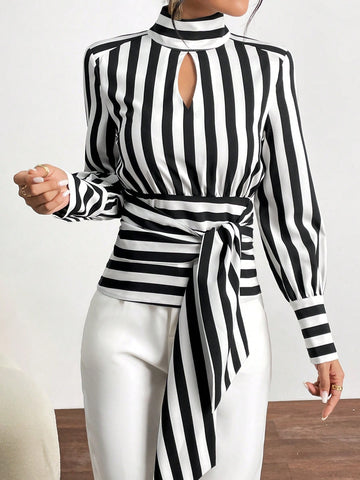 Striped Print Keyhole Neckline Knot Front Blouse