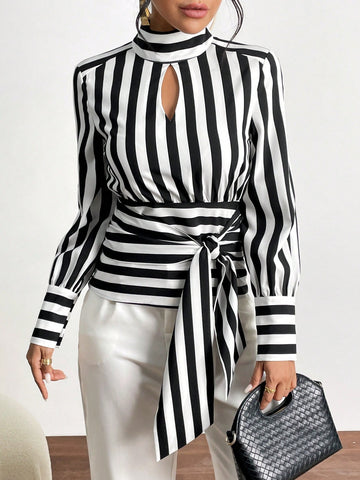 Striped Print Keyhole Neckline Knot Front Blouse