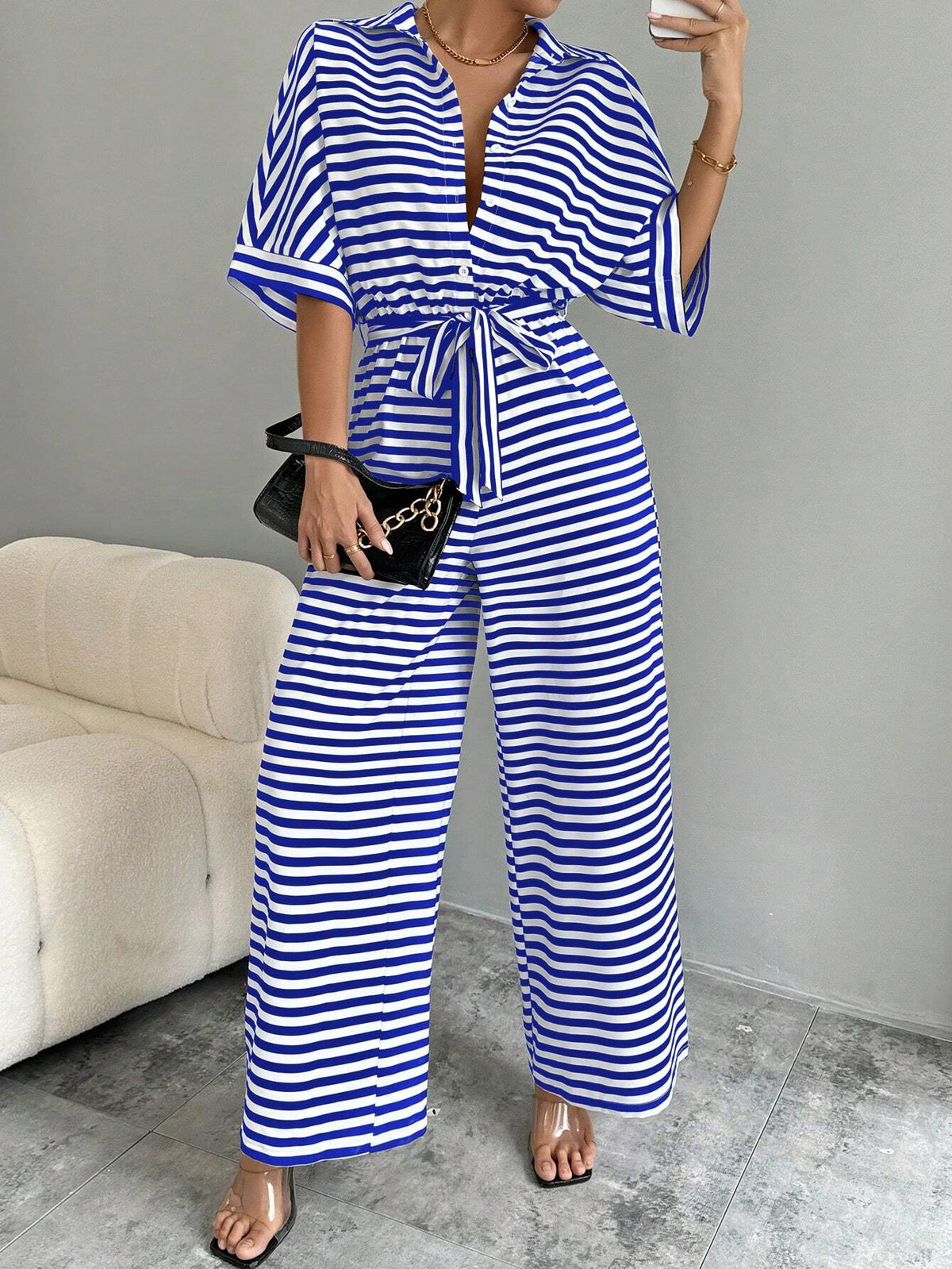 Striped Print Tie-Up Batwing Sleeve Women's Casual Jumpsuit