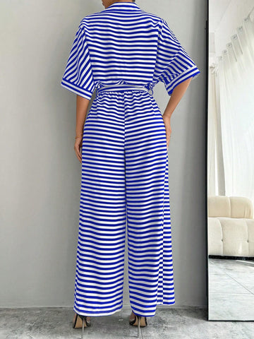 Striped Print Tie-Up Batwing Sleeve Women's Casual Jumpsuit