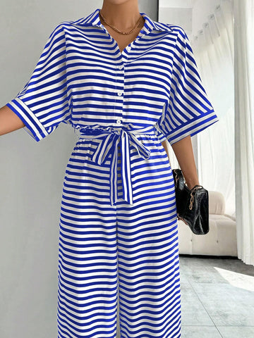 Striped Print Tie-Up Batwing Sleeve Women's Casual Jumpsuit