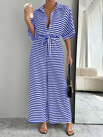 Striped Print Tie-Up Batwing Sleeve Women's Casual Jumpsuit