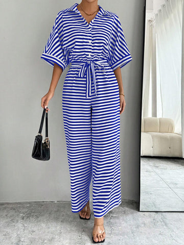 Striped Print Tie-Up Batwing Sleeve Women's Casual Jumpsuit
