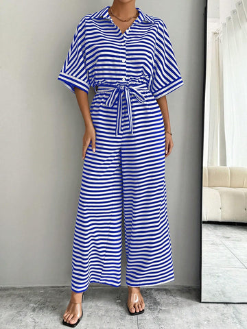 Striped Print Tie-Up Batwing Sleeve Women's Casual Jumpsuit
