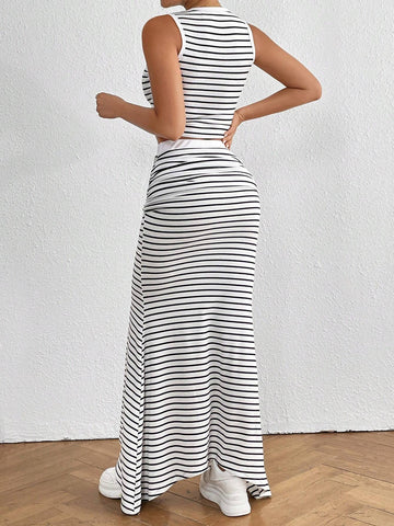 Striped Top & Fish Tail Hem Skirt Two-Piece Set