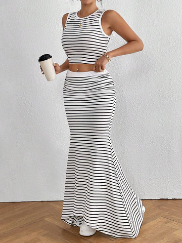 Striped Top & Fish Tail Hem Skirt Two-Piece Set