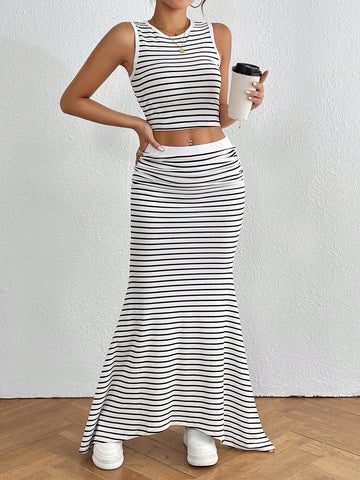 Striped Top & Fish Tail Hem Skirt Two-Piece Set