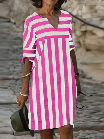 Striped V-Neck Casual Dress
