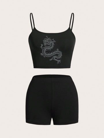 Summer,Dragon Pattern Sexy Camisole Top With Shorts Tight Female Two-Piece Set For Summer