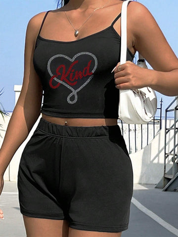 Summer,Festival,Love Heart Design Sexy Spaghetti Strap With Shorts Tight-Fit Women Two-Piece Set