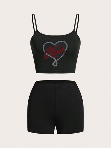 Summer,Festival,Love Heart Design Sexy Spaghetti Strap With Shorts Tight-Fit Women Two-Piece Set